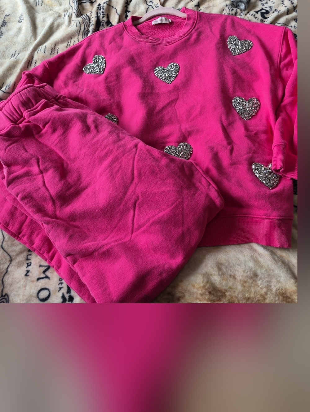 Ivy City Large Pink Sweatshirt And Sweatpants Lounge Set Rhinestone Hearts